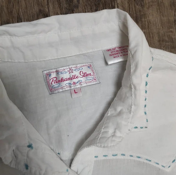 Panhandle Slim white with decorative stitches white pearl snap shirt Size L - Picture 9 of 16